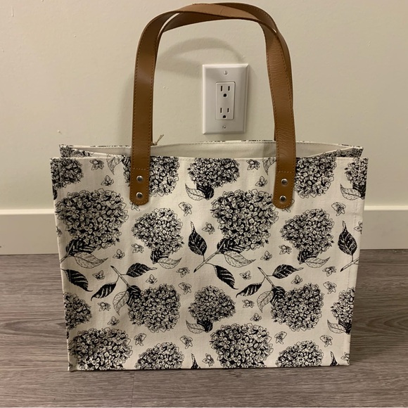 Handbags - Large Floral black and white Cotton fabric Canvas Tote Bag with leather Handles